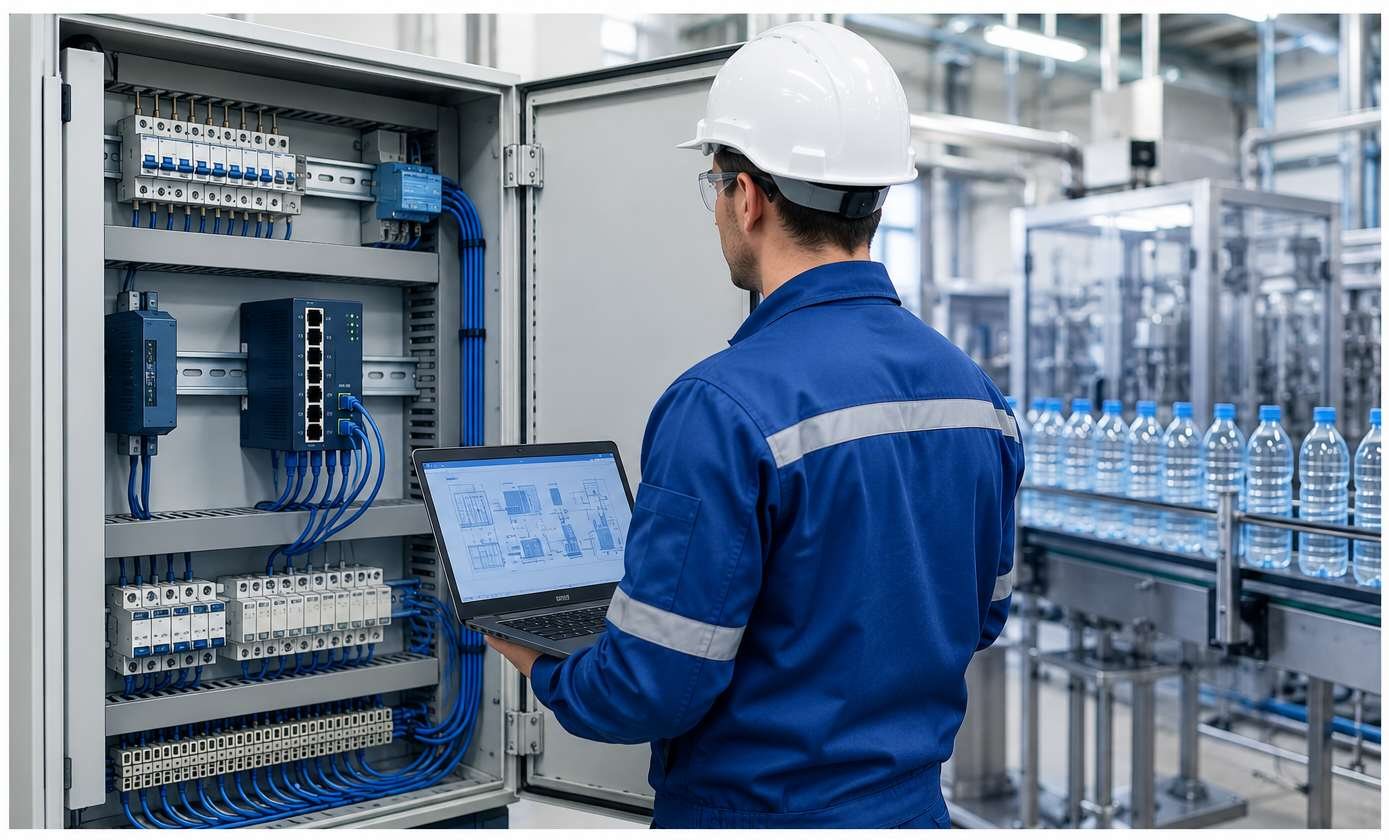 Technicien de maintenance intervenant sur une armoire électrique d'une ligne d'embouteillage